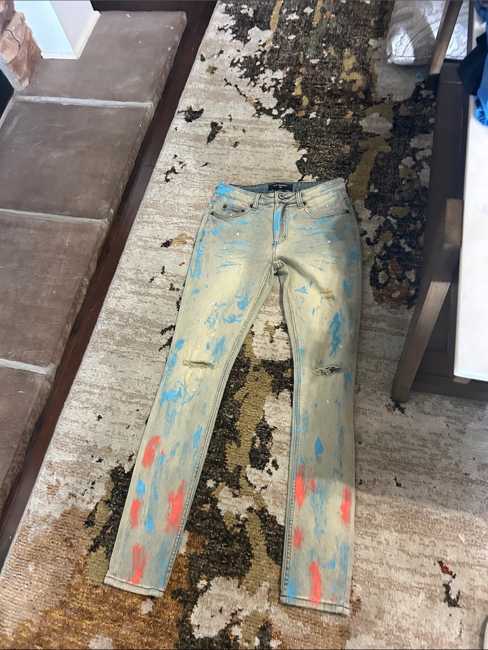Paint-Splatter Skinny Women’s Jeans - Blue & Coral